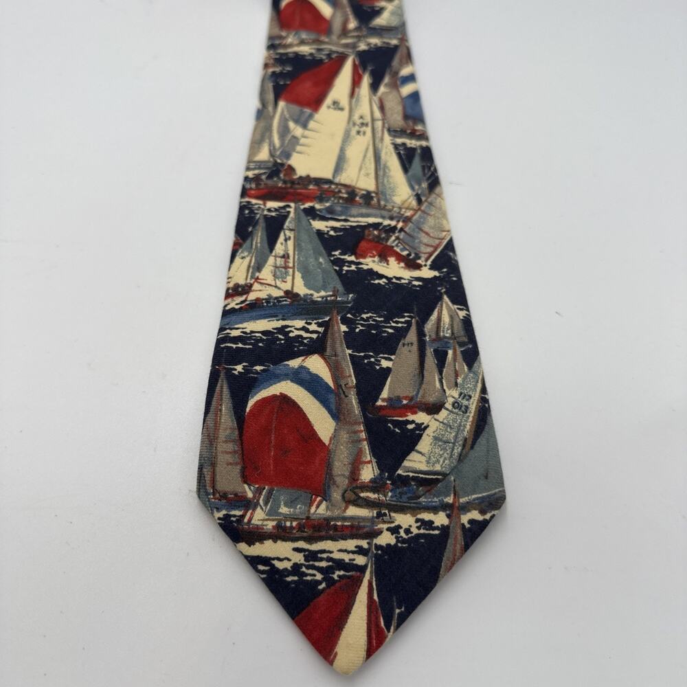 Lands' End Nautical Sailboat Sailing Boating Silk Necktie Blue Vtg 58x3.75 Coast